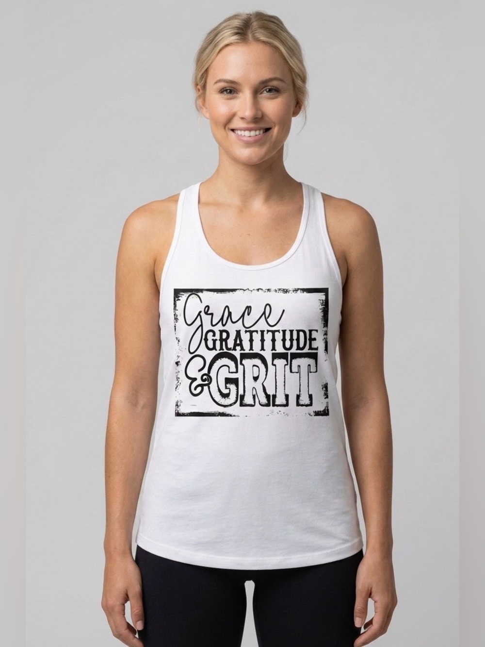 NWOT Anvil White Racerback Tank with Black "Grace Gratitude & Grit" Graphic